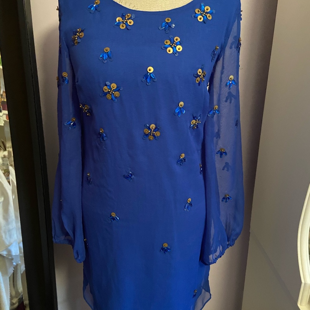 Badgley Mischka beautiful blue dress sequin embellishments long sleeve M